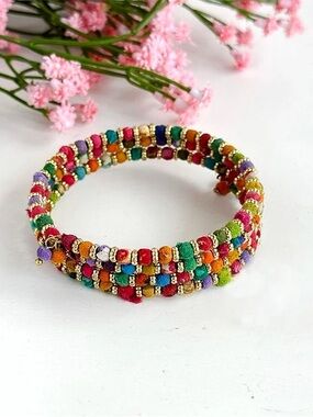 Colorful Multistrand Beaded Bracelet with Gold Accents - Women Jewelry